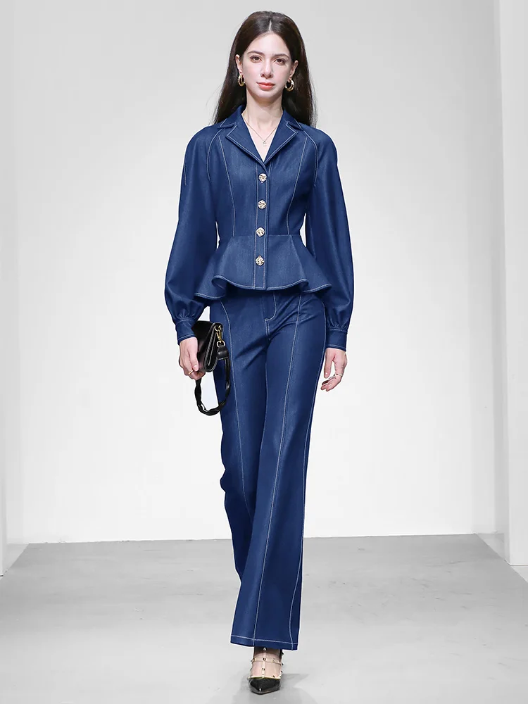 

Весна 2026 Модный облегающий джинсовый верх в стиле ретро, комплект из пальто и брюк с кружевным подолом, длинные брюки с высокой талией для женщин