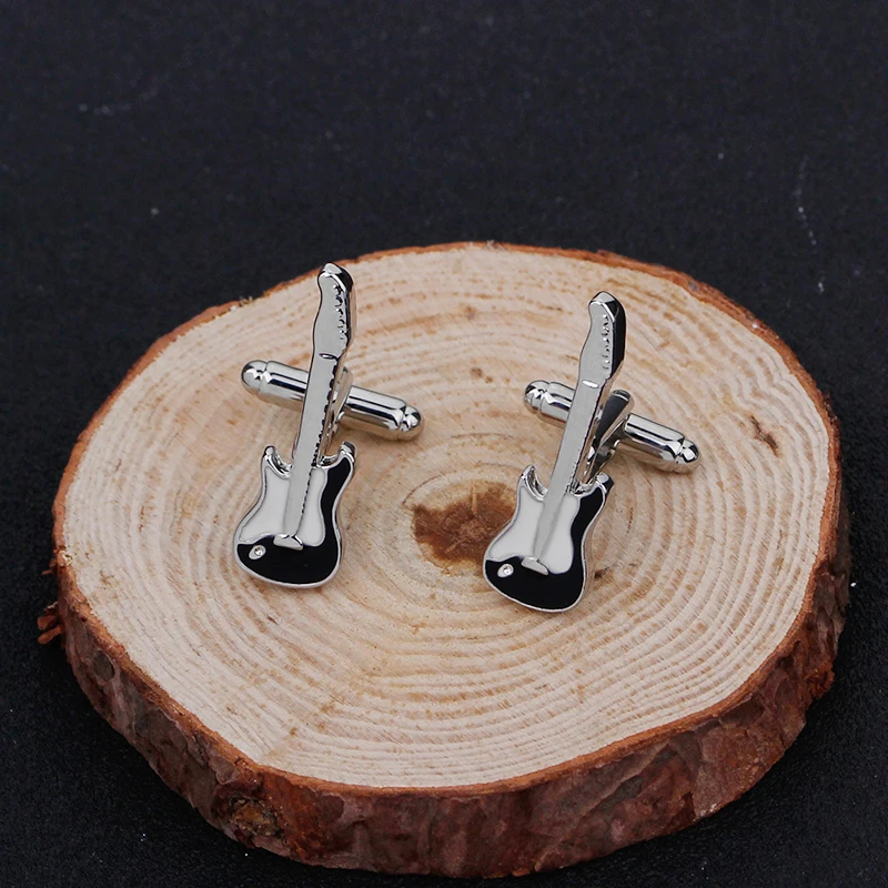 Funny Mens Guitar Shaped Enamel Cufflinks Musical Instrument Design Sleeve Button Music Fans Jewelry Silver Tone