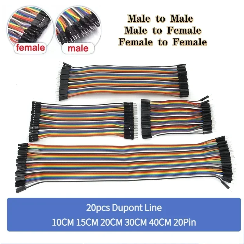 20PCS 20Pin Dupont Cable Kit 10CM 15CM 20CM 30CM 40CM Lengths Male-Male + Male-Female + Female-Female Breadboard Jumper Wires