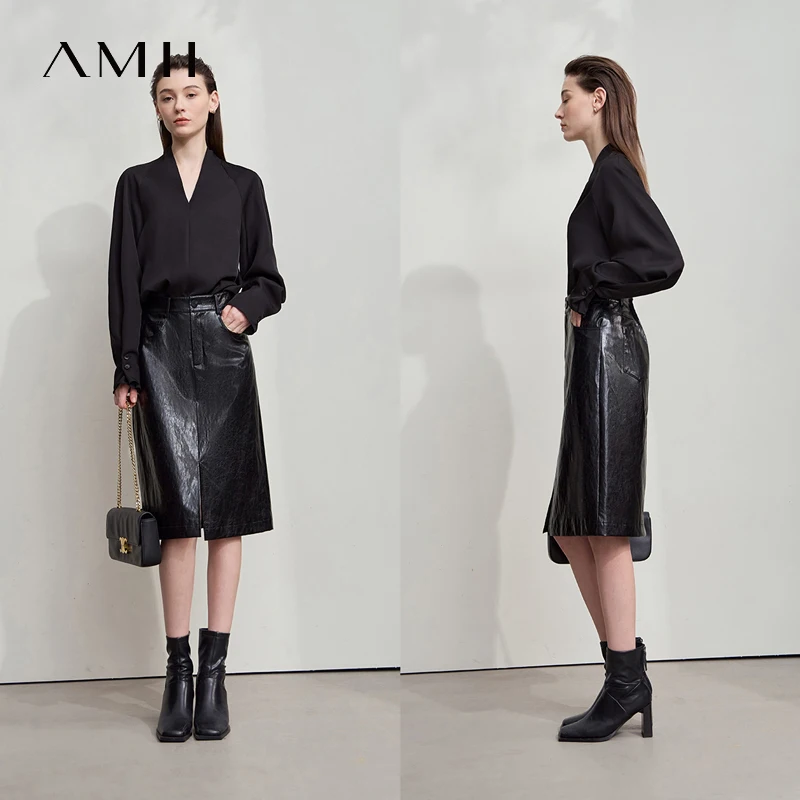 AMII 우아한 여성 블라우스 루즈 심플 V넥 여성 상의 블라우스 2025 가을 긴팔 셔츠 여성 의류 12543067