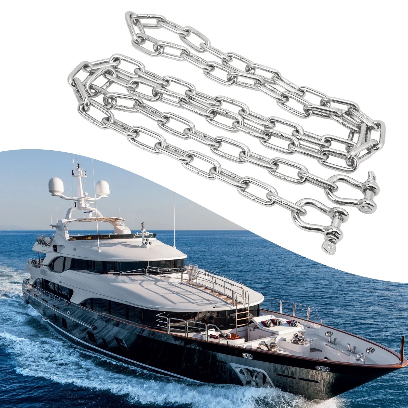 6.6ft Anchor Lead Chain Marine 316 Stainless Steel Central Ring Anchor Chain with Double 5/16in Shackle Link Ends for Ship Yacht