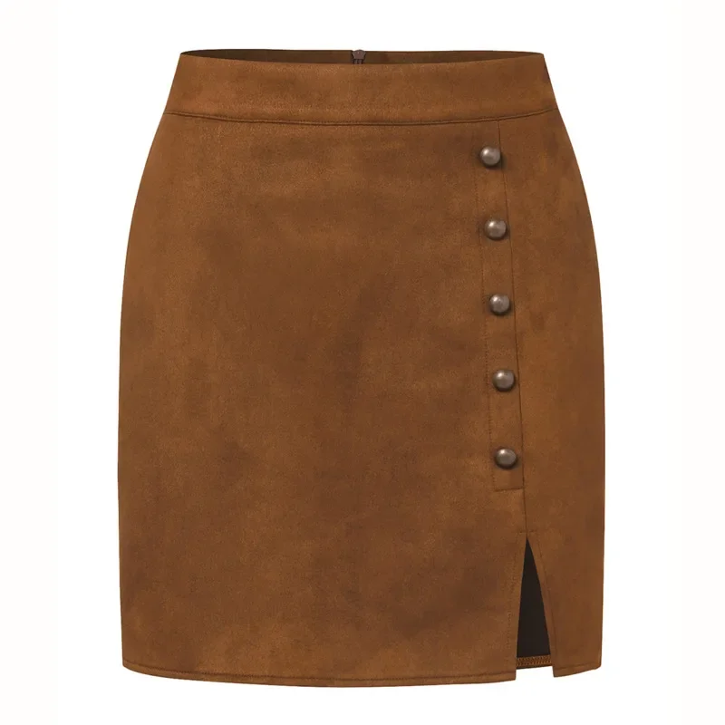 New In Autumn Winter Women's Solid Suede High Waist Office Wear Professional Lady Skirt Metal Buckle Bodycon Sexy Short Skirts