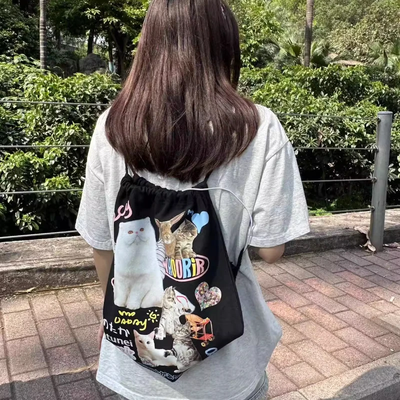 Y2k Aesthetic Casual All Match Backpack Japanese Cartoon Chic Drawstring Schoolbags Women Harajuku Vintage Cat Print Canvas Bags