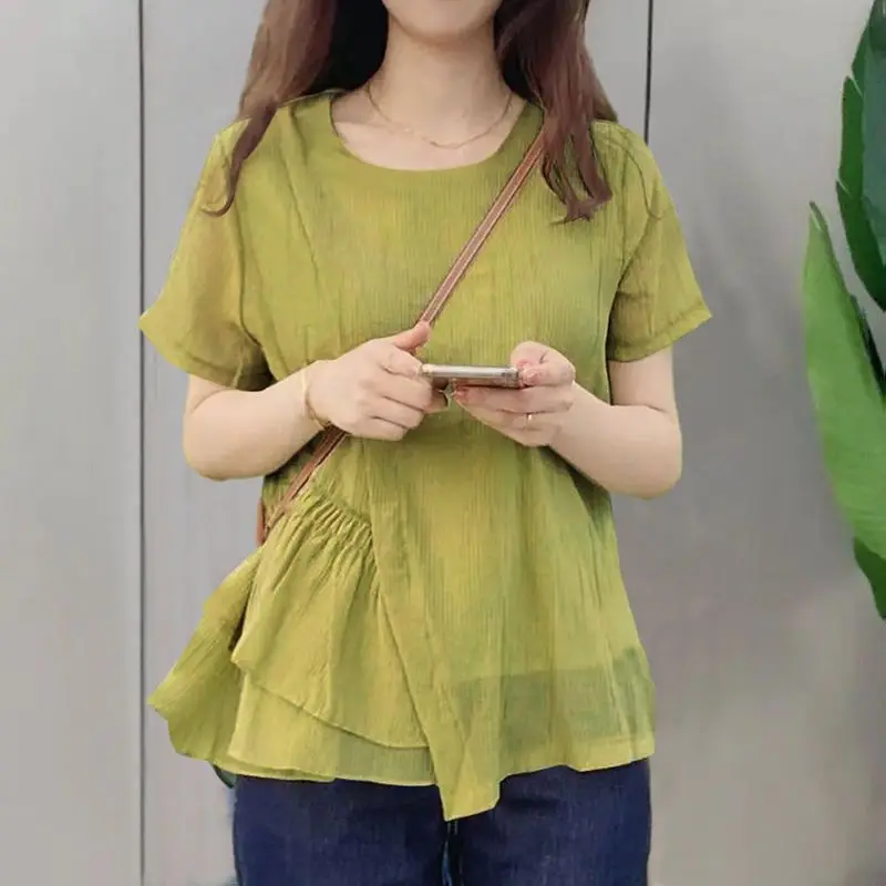 

Ice Silk Short-sleeved Chiffon Shirt for Women with Niche and Unique Shirt for Summer New Irregular Thin Chiffon Top