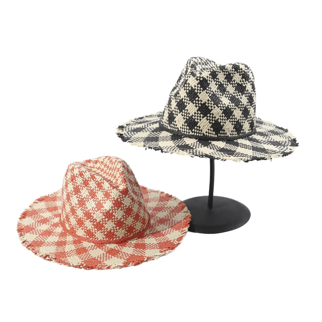Textured Check Hemp Leaf Woven Straw Hat, Couple Matching Design Light Breathable Ideal For Beach Travel Shooting