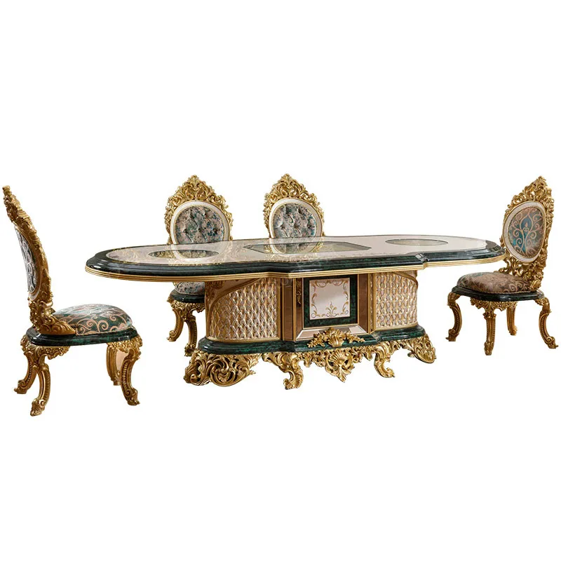 طاولة طعام وكراسي فرنسية من الخشب الصلب المنحوت على شكل زهرة ملصق أوراق ذهبية طاولة طعام فرنسية طويلة كرسي قماش فرنسي