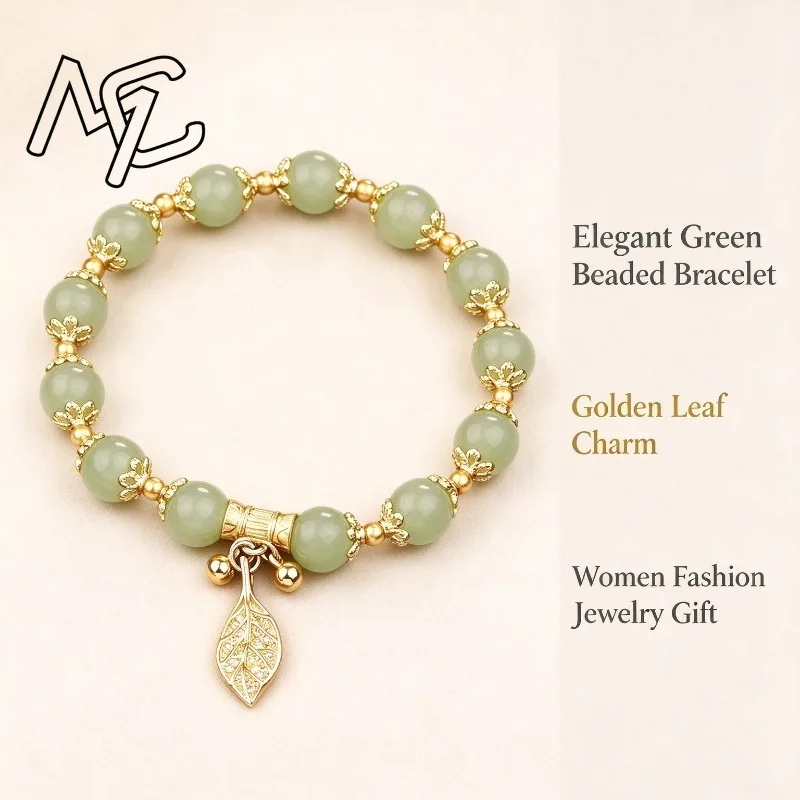 Chinese Style Gold Leaf Jade Beaded Bracelet Lucky Gemstone Hand String Women Elegant Oriental Jewelry Gift Charm Fashion