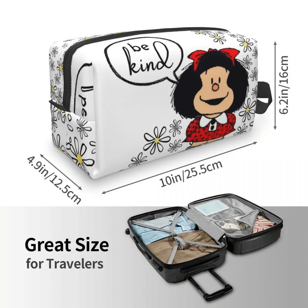 MAFALDA Be Kind Cosmetic Bag Women Kawaii Large Capacity Argentine Makeup Case Beauty Storage Toiletry Bags