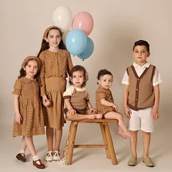 AA SS25-Lace Knit Shabbos Collection 100% Cotton Girls Dress Kids Sets Skirts Baby Rompers Knitted Family Matching Boys Tops