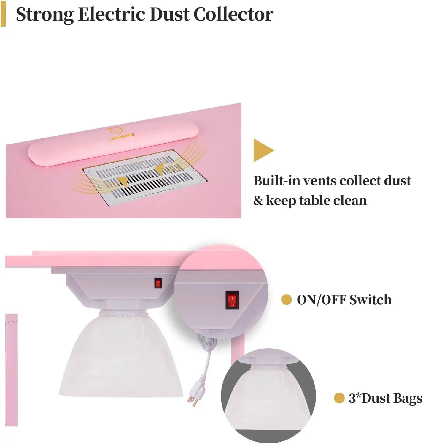 Table de manucure pour technicien, table à ongles avec dépoussiéreur électrique et coussin de poignet, station de table à ongles pour degrés d'acétone