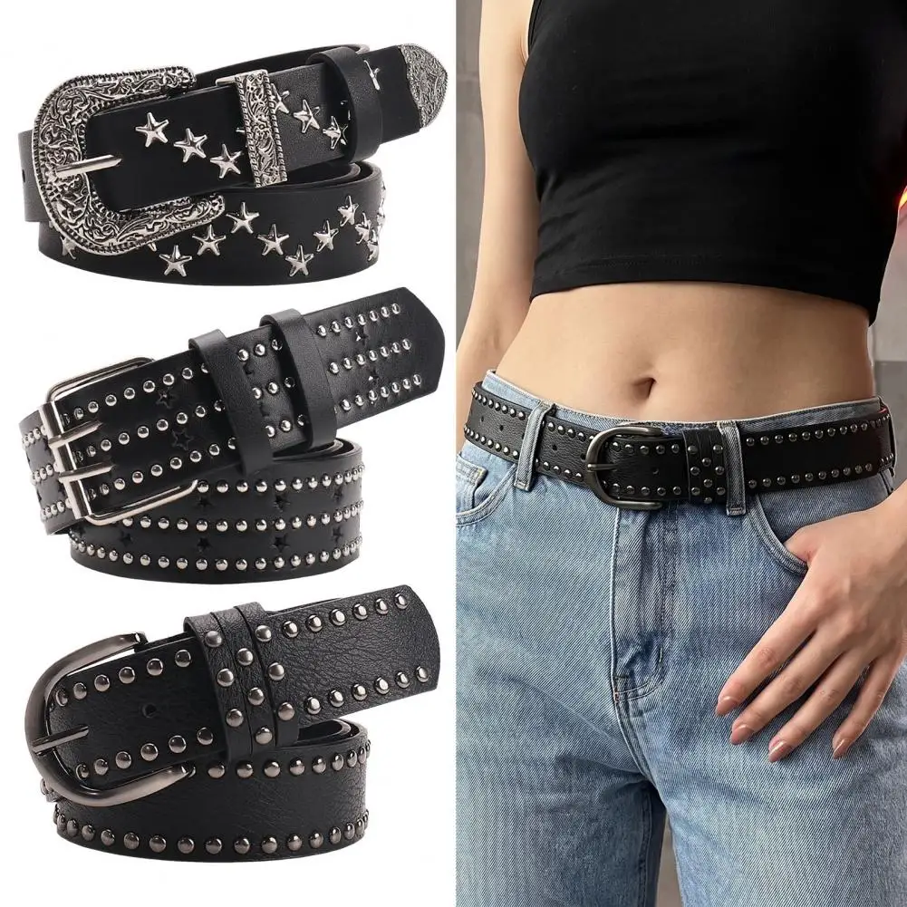 110cm Punk Star Rivet Belt for Women Faux Leather Studded Waist Belt, Edgy Music Festival Streetwear Jean Accessory