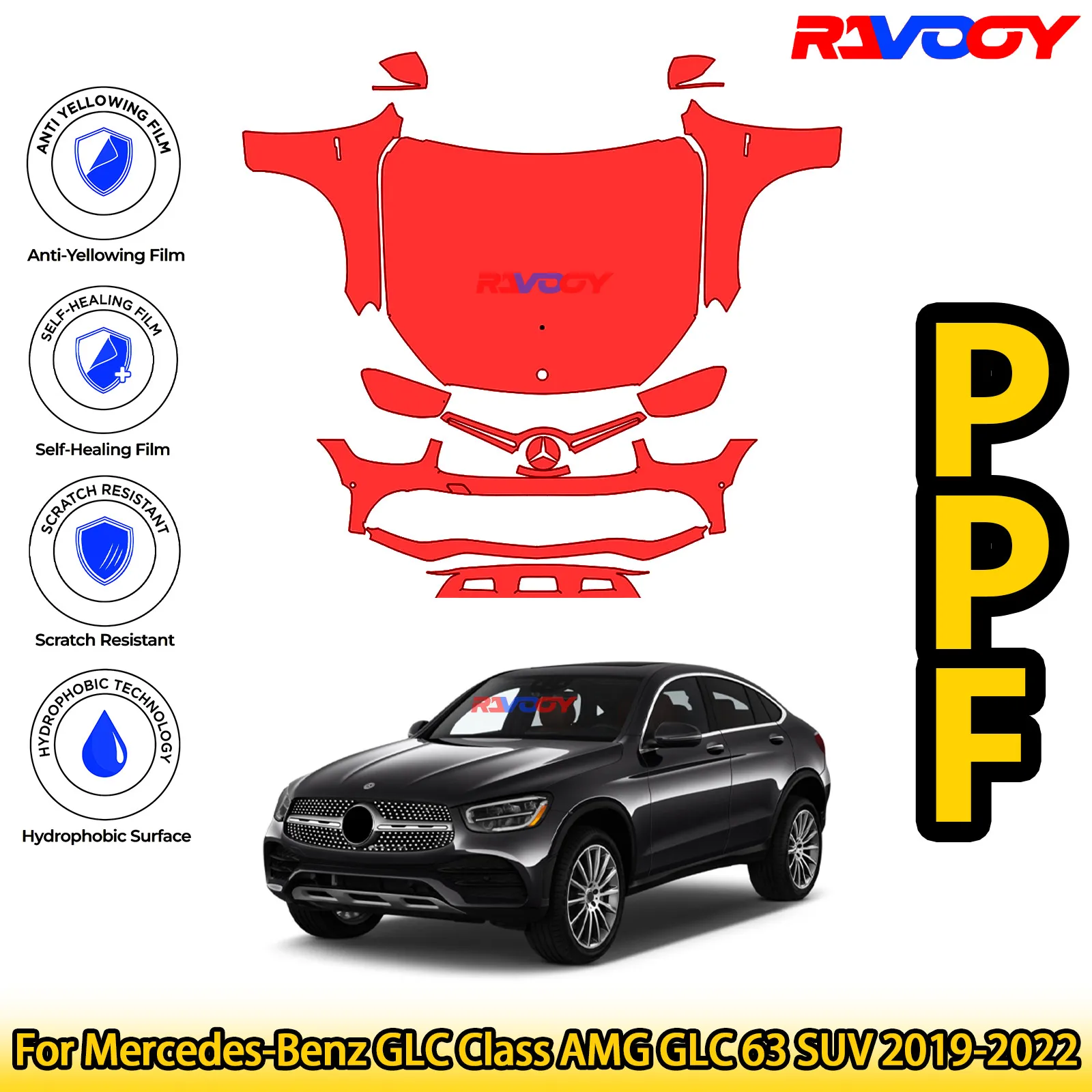 

For Mercedes-Benz GLC Class AMG GLC 63 SUV 2019-2022 Glossy Matte Black Precut front PPF Kit Paint Protection Film