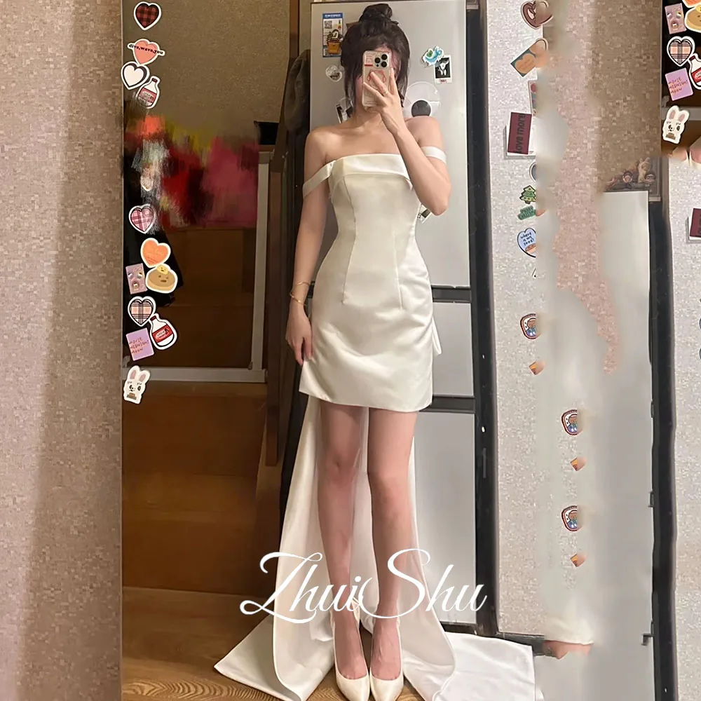 간단한 와이드 스트랩 짧은 웨딩 파티 드레스 부드러운 새틴 미니 가운 공식 생일 파티 맞춤형 한국 사진 촬영