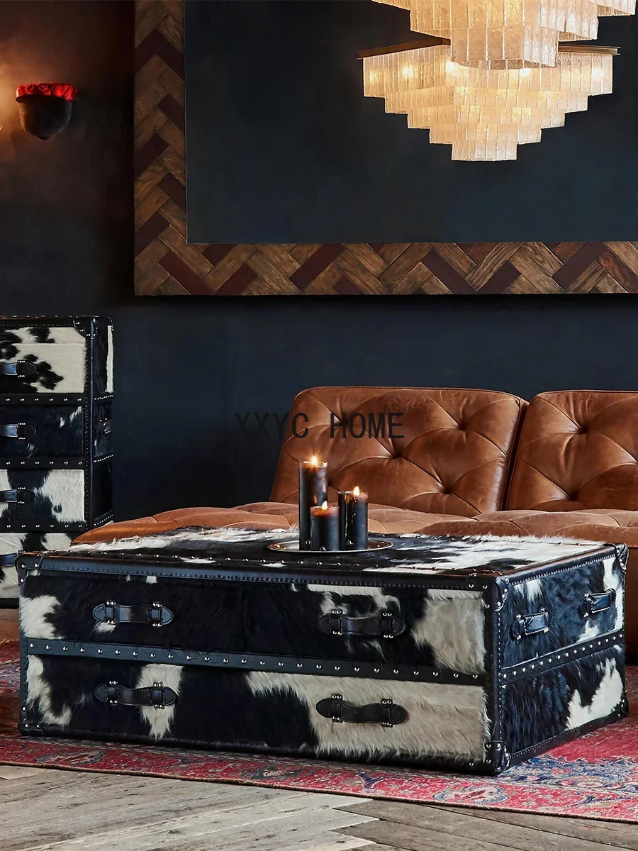 

Coffee Table Vintage Milk Cowhide Leather Box Table