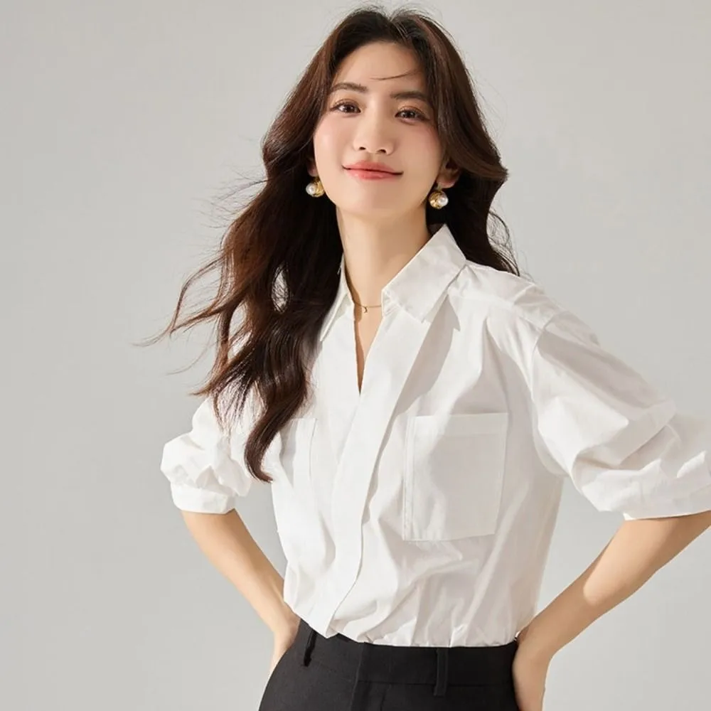 

V-neck Long Sleeve Shirts Tops Short Slim Fit Loose Clothing Sleeves Korean Style Blouse White Simple Slim Buttons Shirts Women