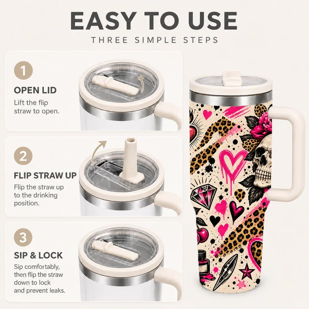 Pink Tattoo Flash Vacuum Flasks 40oz Stainless Steel Insulated Tumbler with Handle & Straw Lid, Leakproof Travel Cup