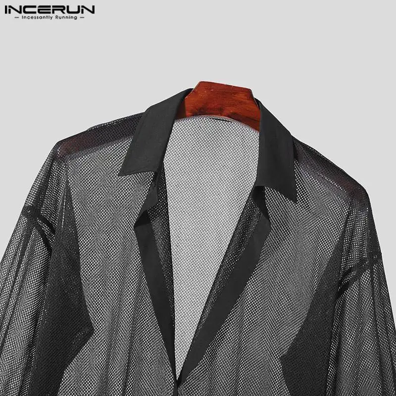 INCERUN 2024 Men Shirt Mesh Transparent Solid Color V Neck Long Sleeve Men Clothing Streetwear Sexy Loose Fashion Shirts S-5XL