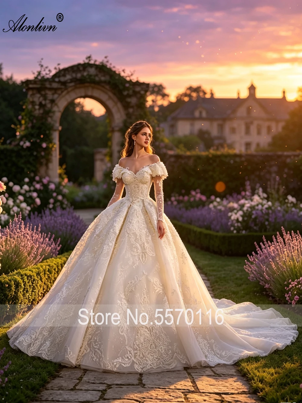 Alonlivn Custom Made Vintage V-Neck Puffy Ball Gown Wedding Dress With Beading Embroidery Appliques Lace Vintage Bridal Gowns