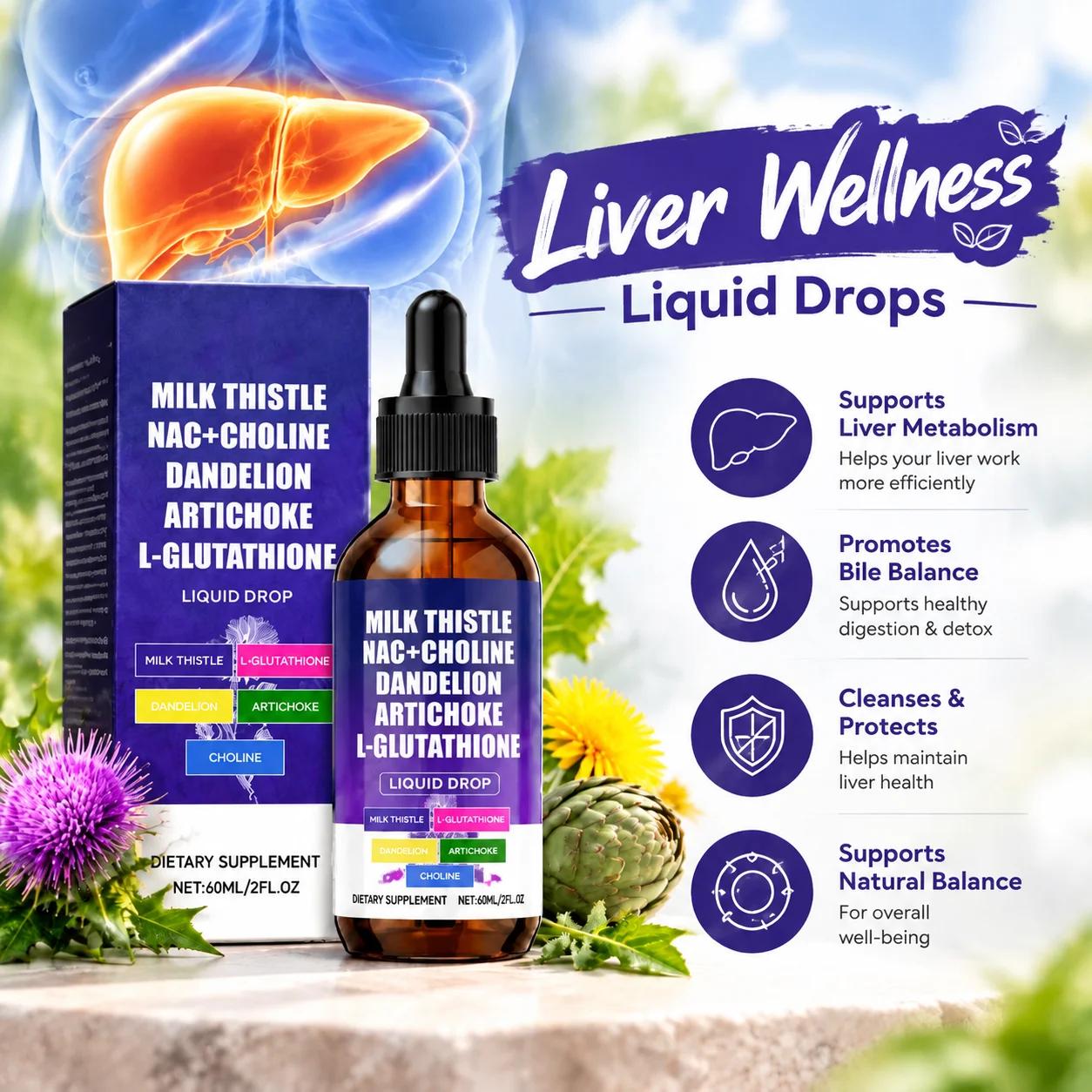 Liver Wellness Liquid Drops Maintain Liver Metabolism & Bile Balance, Milk Thistle NAC Choline L-Glutathione Dandelion, 60ml