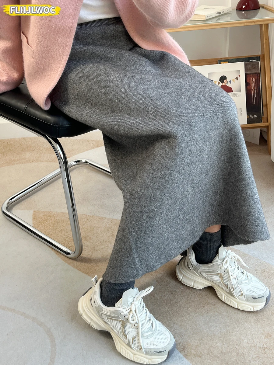 Winter Sweater Skirt  Women All-Match Cute Japan Chic Korea Elastic High Waist Retro Vintage Black Khaki Long Knitted Skirts