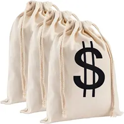 3pcs 13.8x15.7 Inches Large Canvas Money Bags for Party, Costume Money Bag Prop with Dollar Sign, Money Sacks for Halloween Bank