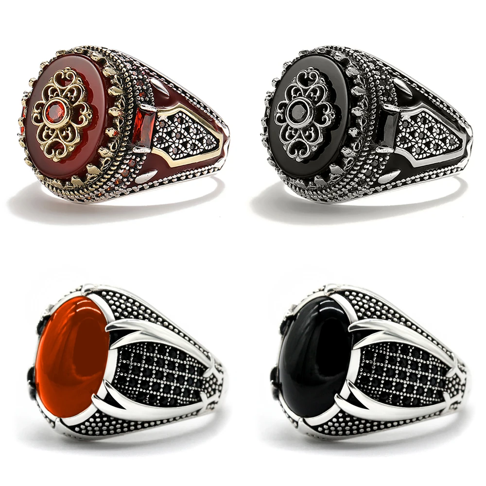 Retro Handmade Islamic Men Ring Vintage Turkish Double Swords Black Red CZ Stone Ring Punk 2023 Trendy Religious Muslim Jewelry