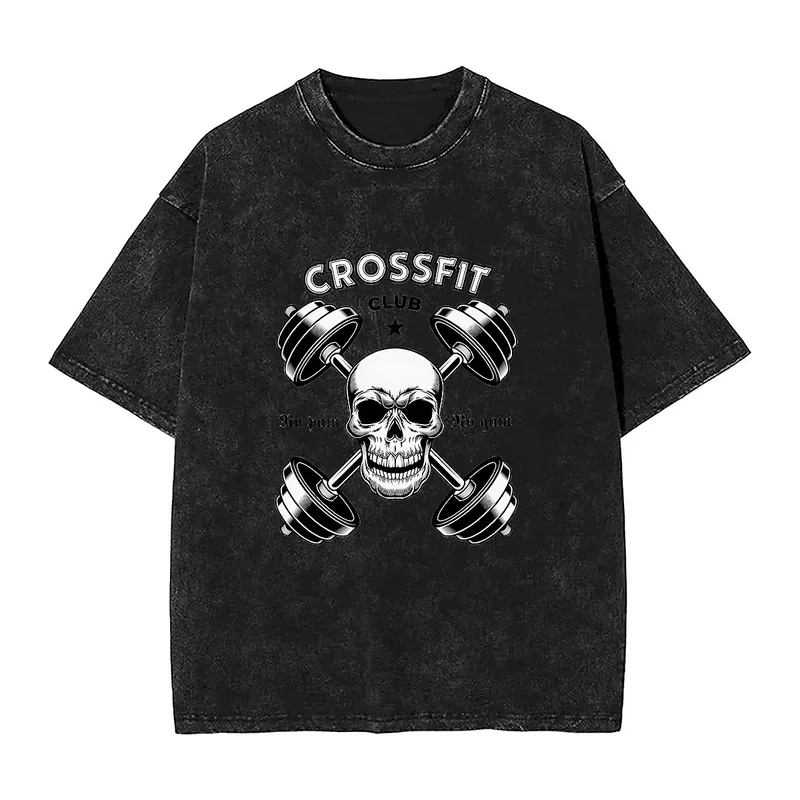 Crossfit Vintage Emblem T-Shirt Summer Bodybuilder Skull With Barbells Aesthetic T Shirts 2024 Cotton Trending Tee Shirt Tops