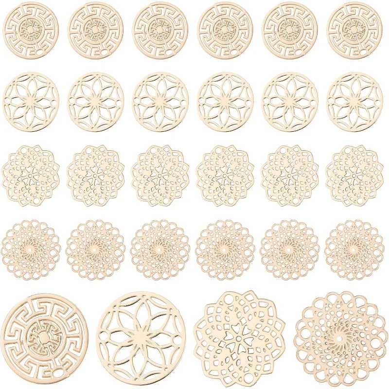 

96Pcs 4 Style Brass Filigree Flat Round Charms Connectors Links Golded Hollow Flower Charms Filigree Pendant for DIY Bracelet
