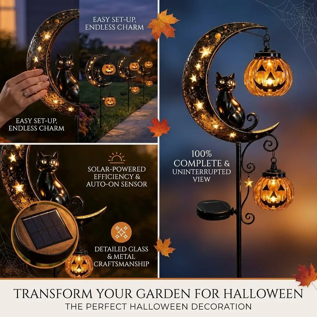 Halloween Black Cat Moon Ground Lamp Garden Stake Lawn Light Waterproof Metal Outdoor LED Yard Decor For Patio Lawn Pathway