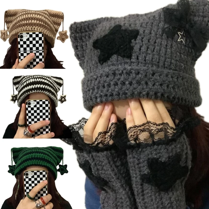 Crochet Stripe Pattern Handmade Cat Ear Hat Soft Winter Warmer Knitted Hat Cold Winter Presents for Students Teenagers