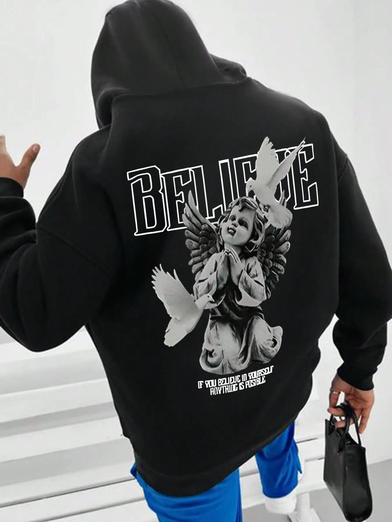 Believe Hollow Word Praying Angel Sculpture Pattern Hoodie Man Autumn Street Hoody O-Neck Casual Pullover Pocket Comfortable Top