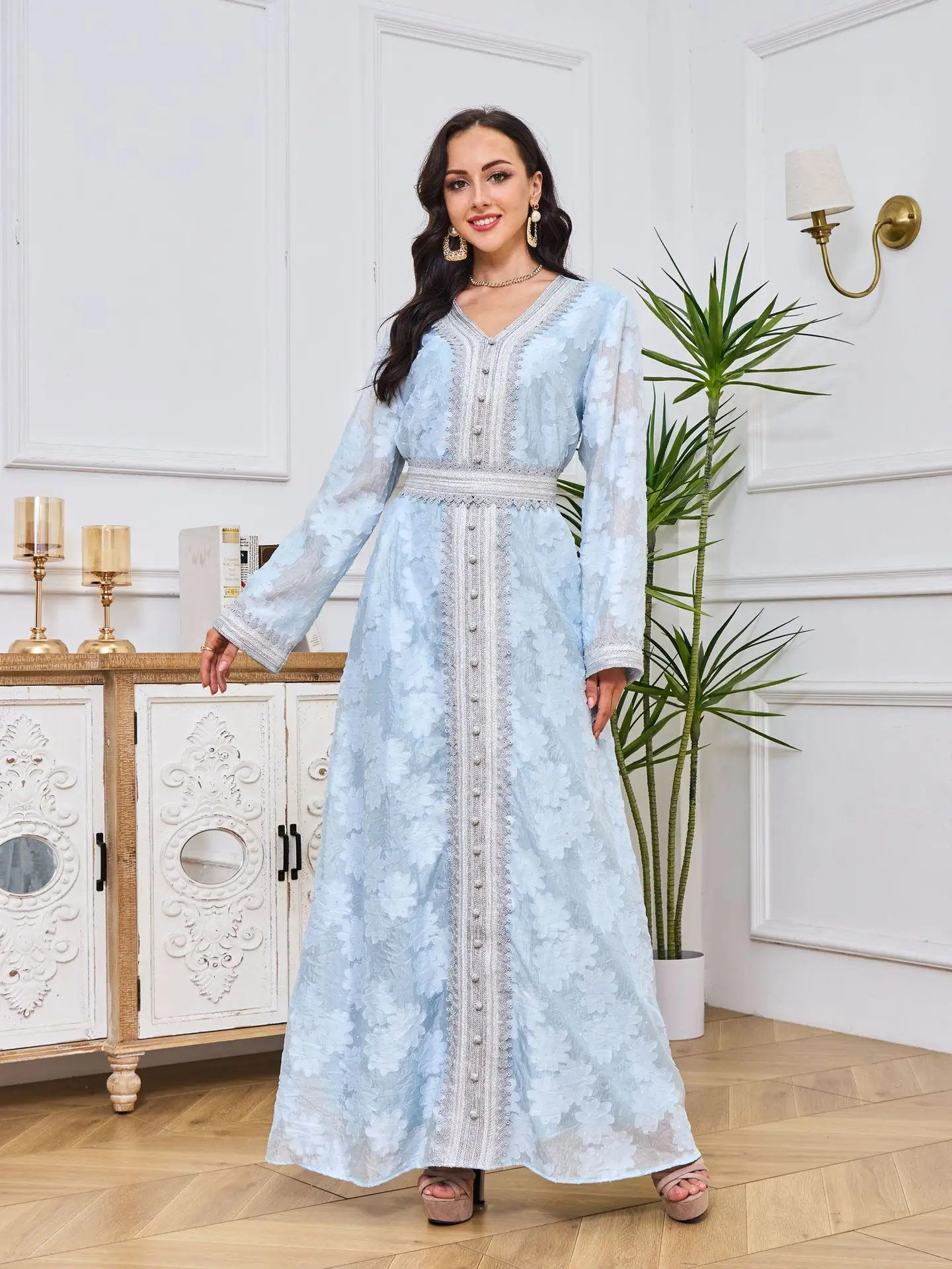 Ramadan Saudi Arabia V-neck Style Dress Middle East Dubai Muslim Fashion Jacquard Hot Diamond Silver Lace Islamic Robe