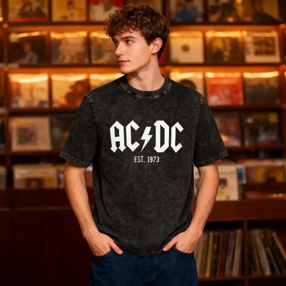 

AC/DC Band Tee Men's Classic Rock T-shirt Male Minimalist Printed T-shirt Casual Comfortable Retro Music Fans Streetwear Tee