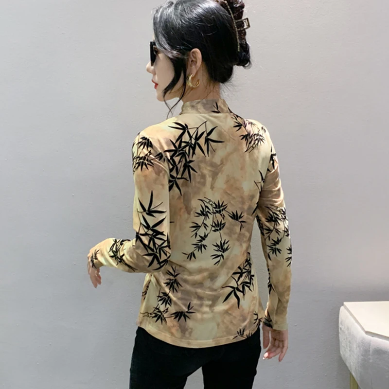 2023 Fall Winter Vintage Double Mesh T-Shirt Sexy Hollow Out Knot Button Beading Jacquard Weave Women Tops Long Sleeve Tees 3916