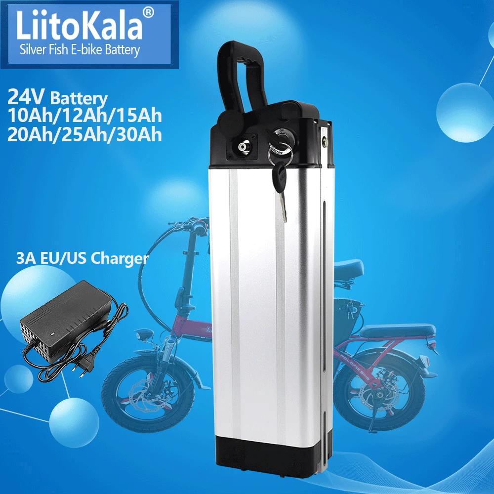 LiitoKala 24V 10Ah 12Ah 15Ah 20Ah 30Ah Silver Fish Ebike Battery Pack for 1000W 750W 500W Electric Bicycle Motor