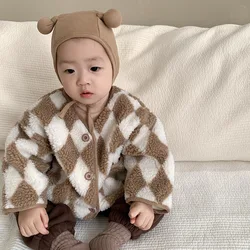 2024 Winter New Baby Plus Velvet Thick Plush Coat Infant Toddler Long Sleeve Plaid Clothes Boy Girls Fleece Warm Cardigan Jacket