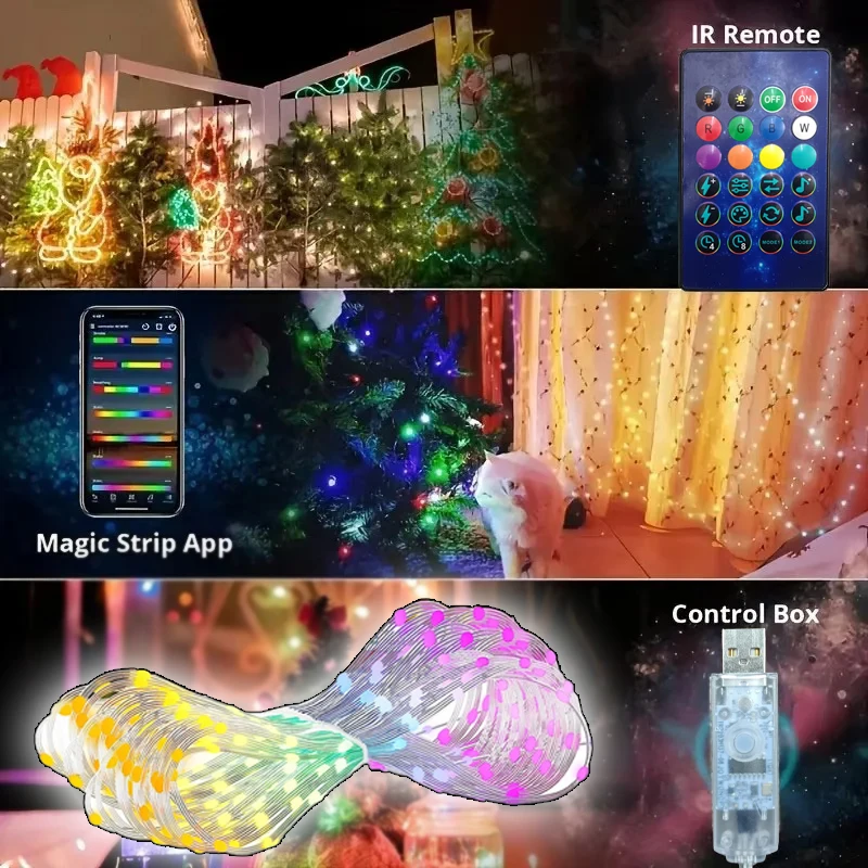 Luci intelligenti modificabili a LED RGB, telecomando Bluetooth, lucine impermeabili IC, luci per albero di Natale con porta USB WS281