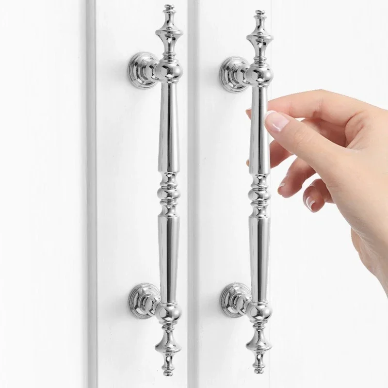French Chromeplate Solid Brass Cabinet Knobs and Handles Luxury Bright Silver Handles for Furniture Dresser Drawer Door Handles
