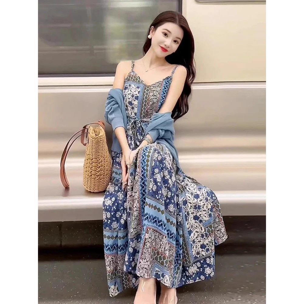 Fashion Bohemian Floral Printed Long Dress For Women High-end Blue Knit Cardigan Sweater Sling Dress 2 Pieces Sets French Dress