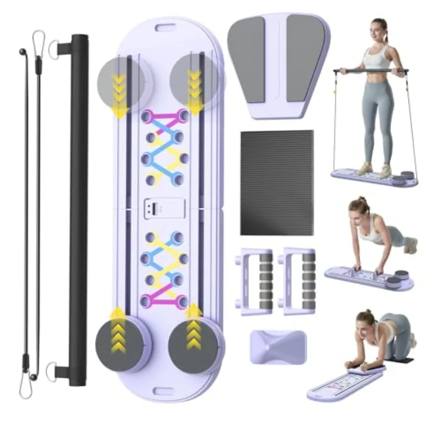 Foldable Pilates Board Reformer Set 6-in-1 Home Core Workout Equipment with Auto-Rebound Ab Roller for Abs Toning and Sleek Fig