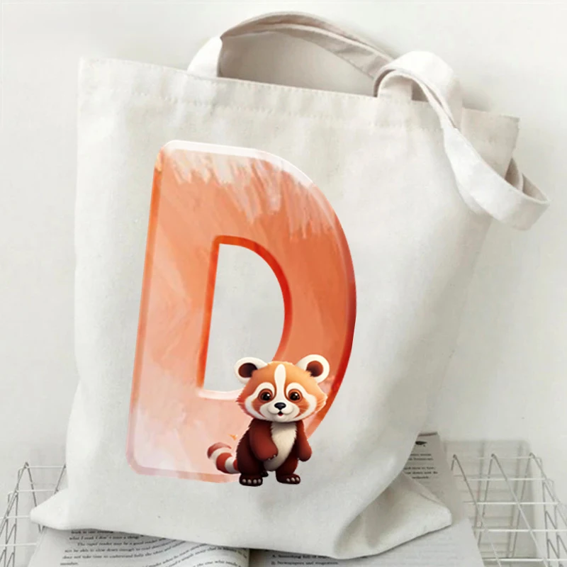 Sac fourre-tout en toile avec imprimé renard pour femme, raton laveur avec alphabet graphique, cadeau d'amant d'animaux de dessin animé, sacs à main mignons