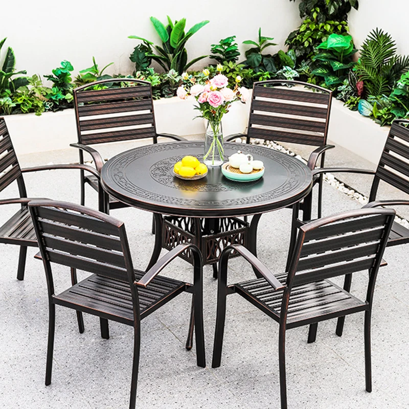 تصنيع طاولة وكرسي خارجي أوروبي للمنزل في الهواء الطلق من الألومنيوم المصبوب حديقة فناء طاولة شواء أثاث طاولة تجارية #3