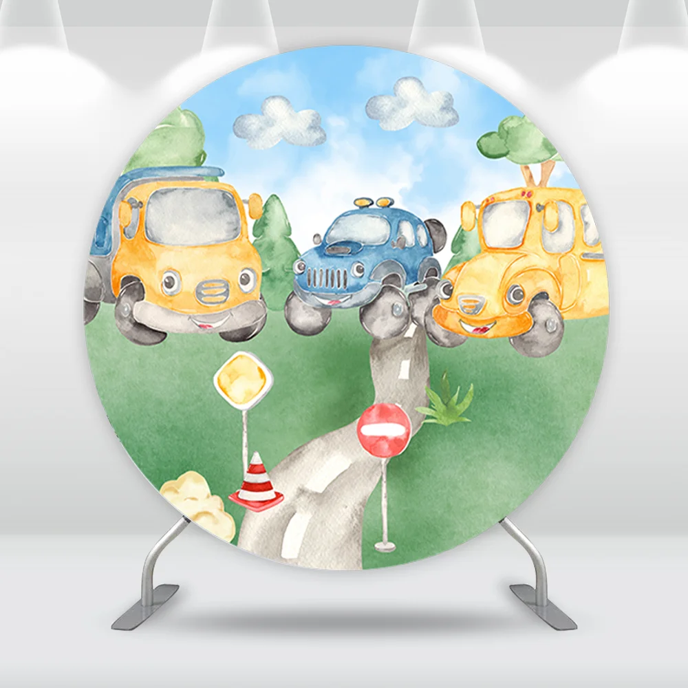 غطاء خلفية مستدير لديكور استحمام الطفل ، ألوان مائية ، حركة المرور ، موضوع شاحنة لطيف ، سيارة ، قوس للطرق الوعرة ، جدار ، كعكة ، لافتة طاولة ، صبي
