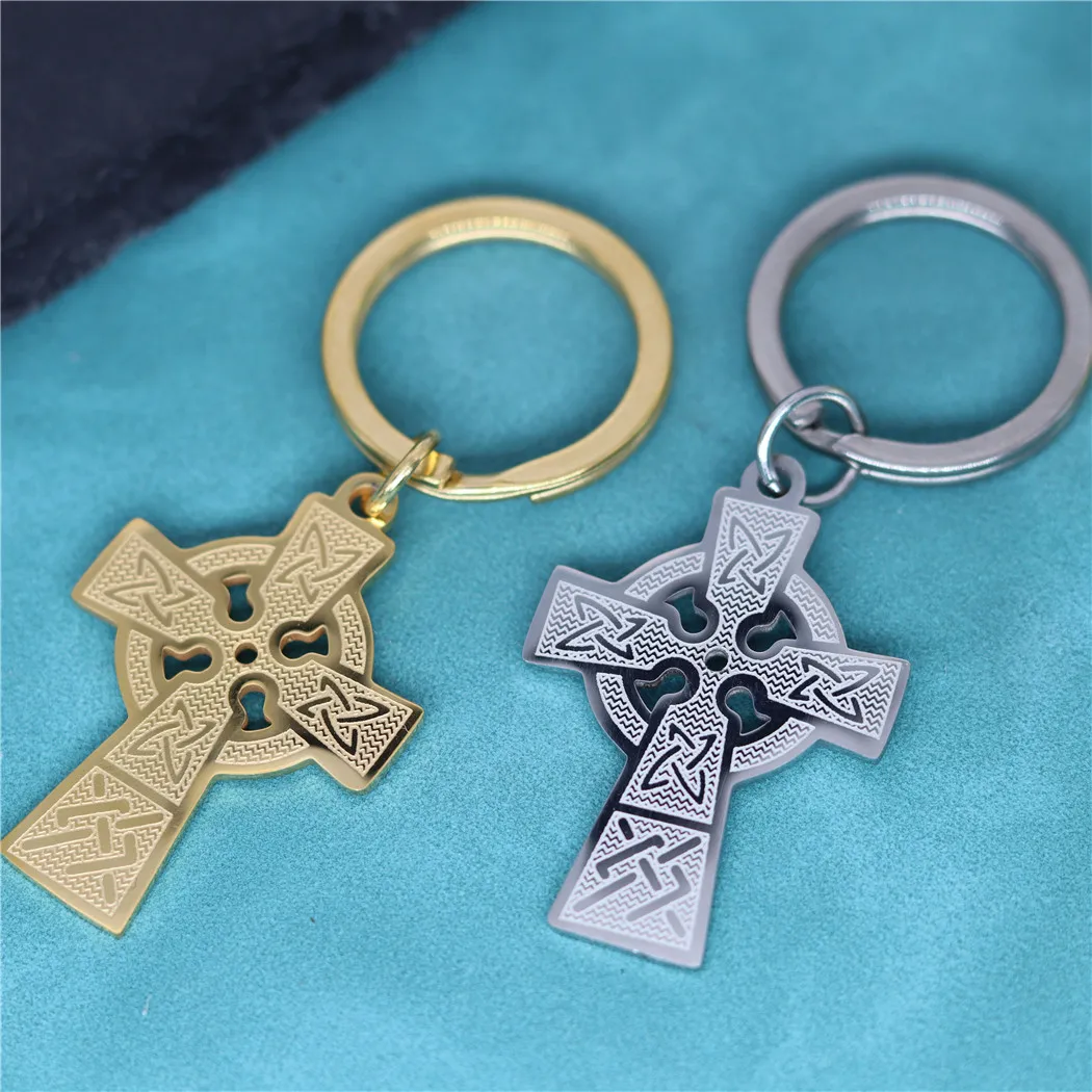 Vintage Viking Celtic Cross Talisman Pendant Keychain For Men Women Gold Color Stainless Steel Amulet Key Chains Punk Jewelry