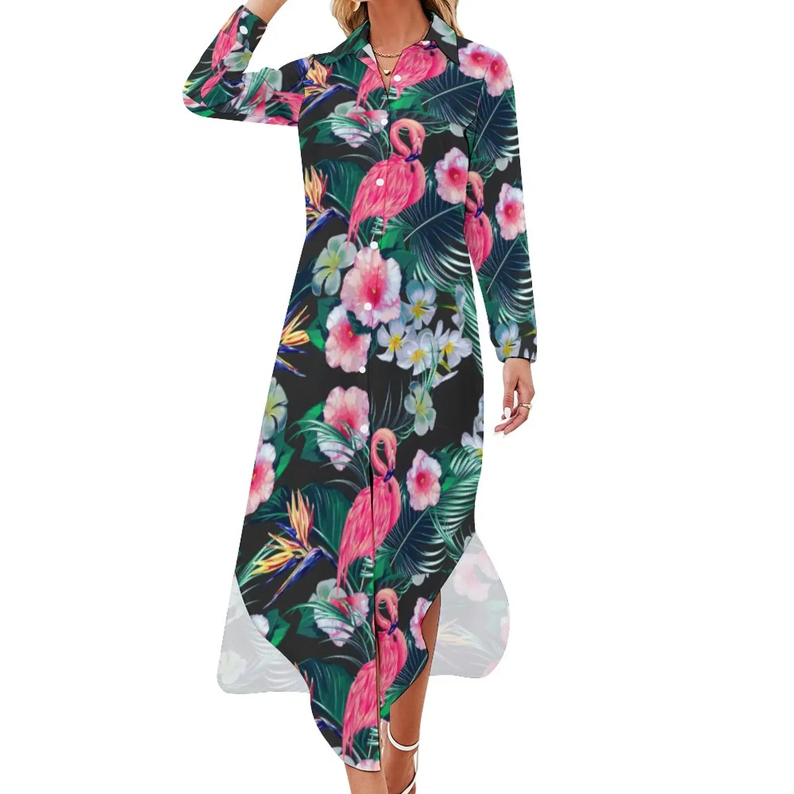 

Forest Palm Leaves Casual Dress Floral and Flamingo Print Street Style Dresses Long Sleeve Kawaii V Neck Big Size Chiffon Dress