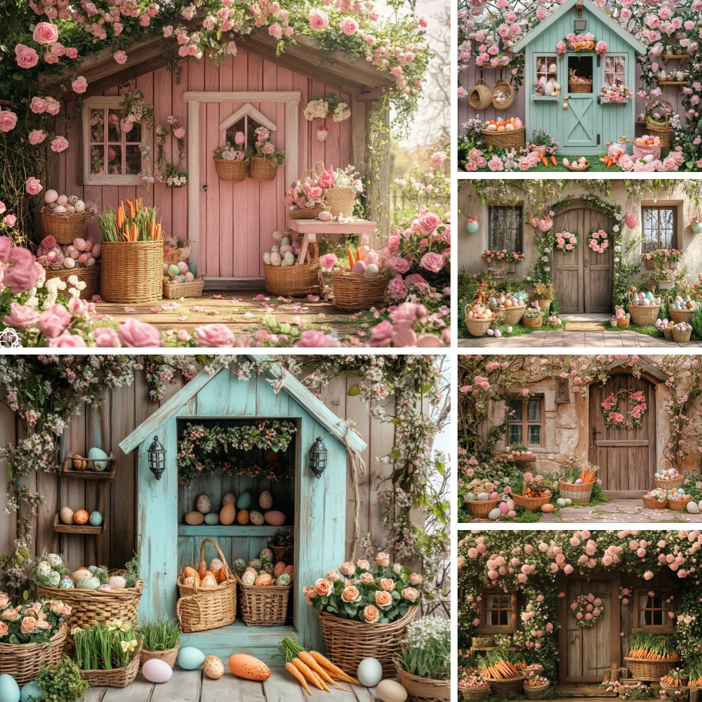 

Spring Easter Photography Backdrop Vintage Wood House Cabin Flower Eggs Rabbit Carrots Bunny Baby Kids Birthday Photo Background