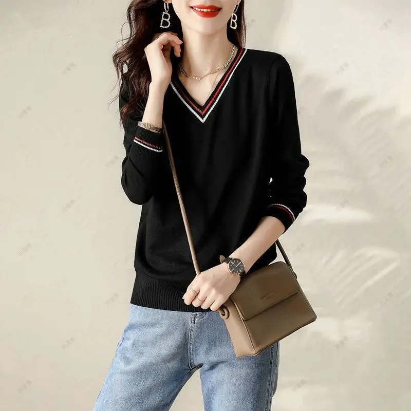 Women Clothing 2024 New Long Sleeve V-neck Knit Pullovers Spring Autumn Fashion Versatile Thin Black Sweaters Chic Loose Tops