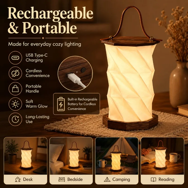 Foldable Wooden Rotating LED Table Lamp with Handle Creative Gift Nordic Style USB Light for Bedroom Bedside Home Decor Lamp