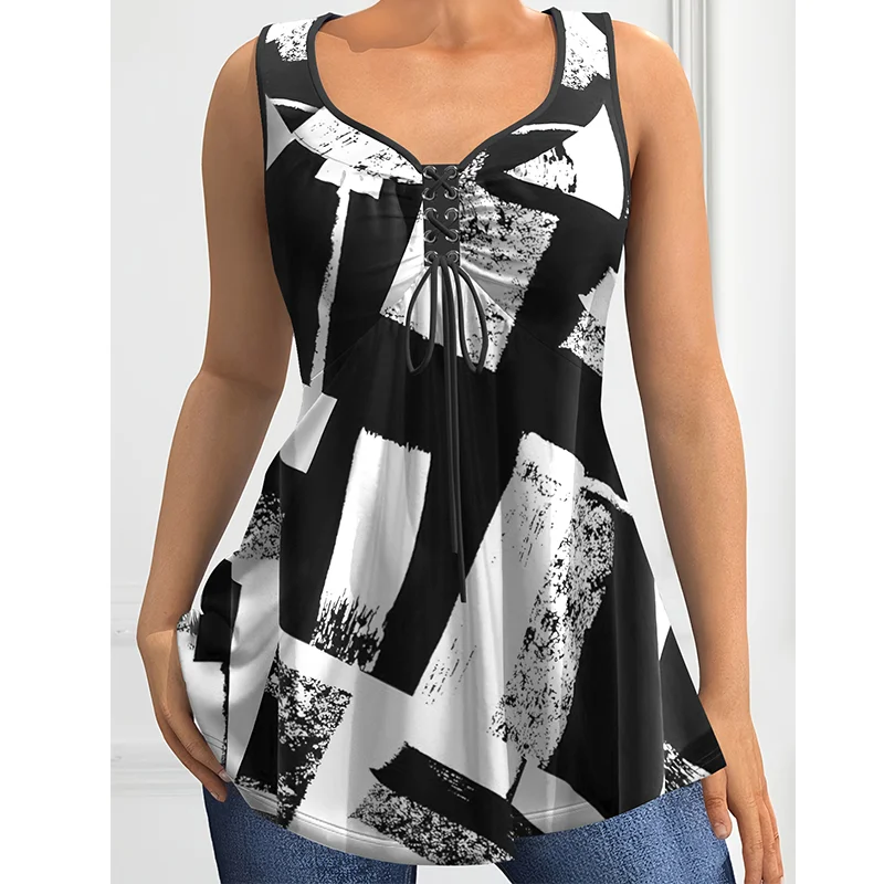 Damski Plus Size Tank Top Colorblock zaokrąglona krawędź swobodny Top Top lato luźna miękka bez rękawów sznurowana koszulki bokserki z dekoltem w