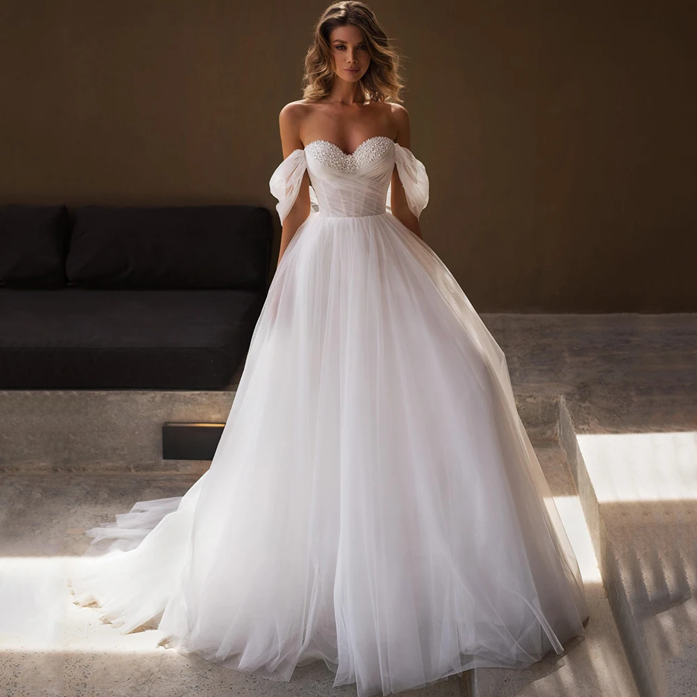 

Classic Tulle Sweetheart A-Line Wedding Dress Pleat and Pearls Beading Floor Length Bridal Sexy Open Back Zipper Gowns for Bride